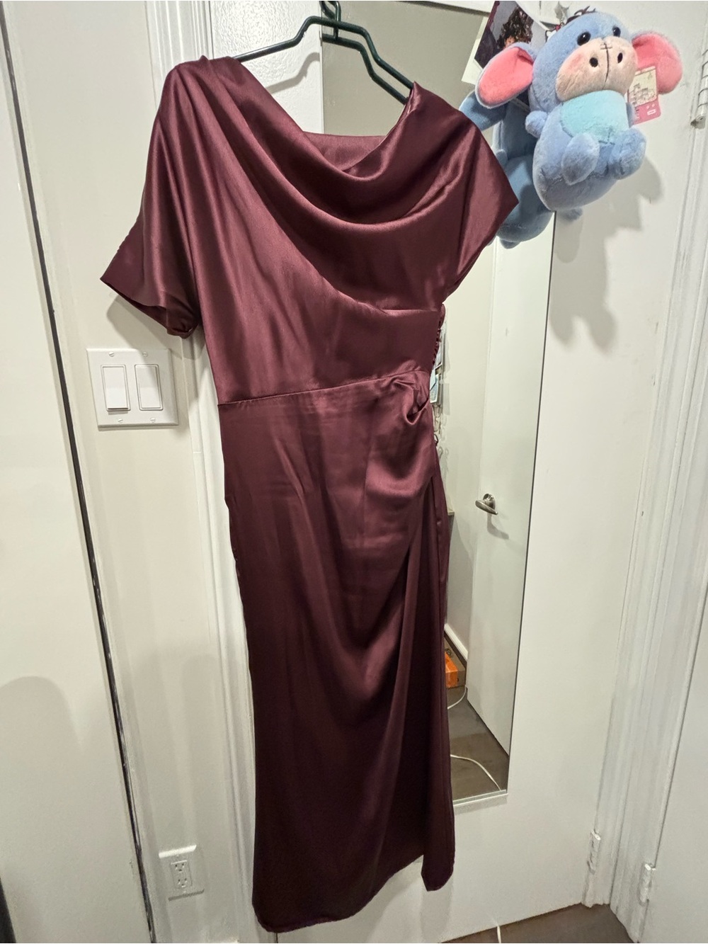 Satin Burgundy Draped Midi Dress - Women size small